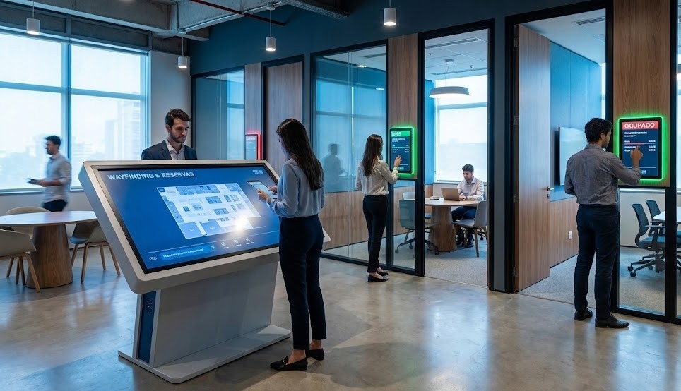 Sinalização Digital para Escritórios e Coworkings: O Guia Completo 2026